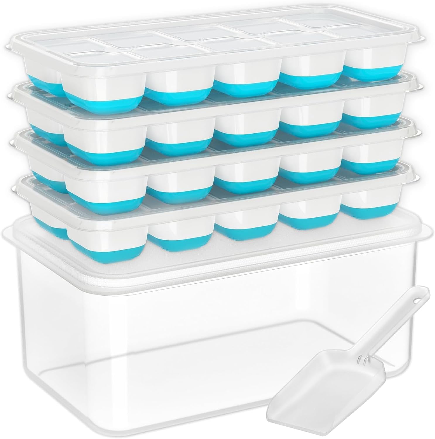 DOQAUS Ice Cube Tray with Lid and Bin - 4 Pack Silicone Ice Cube Trays for Freezer, Stackable Ice Bucket Kits with Storage Container & Scoop for Kitchen, RV, Cocktail, Coffee Quick Pick Grocers